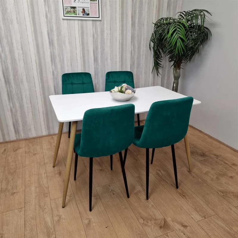Image of KOSY KOALA Wooden White Dining Table Set with 4 Green Velvet Upholstered Chairs Green Unisex