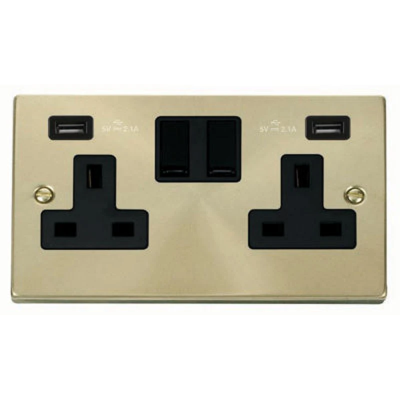Image of SE Home Satin / Brushed Brass 2 Gang 13A 2 USB Twin Double Switched Plug Socket Gold
