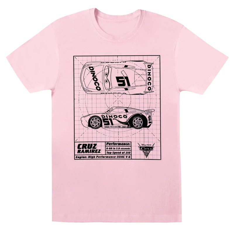 Image of Disney Men Cars Cruz Ramirez Blueprint T-Shirt in Baby Pink Size: Small Baby Pink S Male 5059568309242