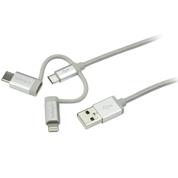 Image of StarTech USB Multi Charger Cable Lightning USB C Micro B 1m