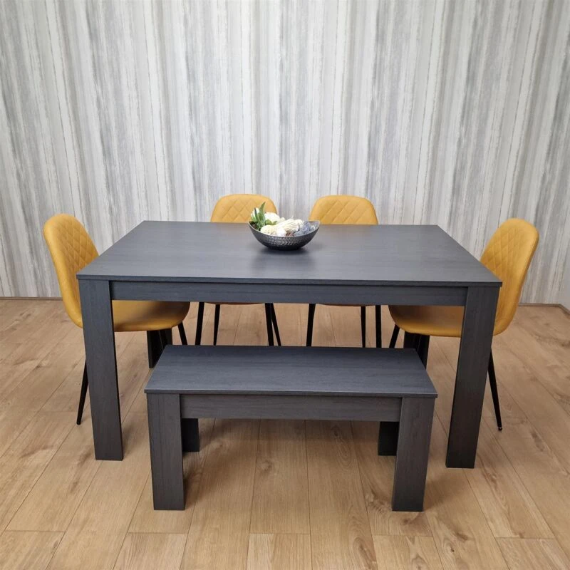 Image of KOSY KOALA Kosy Koala - Dining Table and 4 Chairs With Bench Black Dark Grey 4 Mustard Velvet ChairsWooden Bench Wood Dining Set Furniture Arrow charc