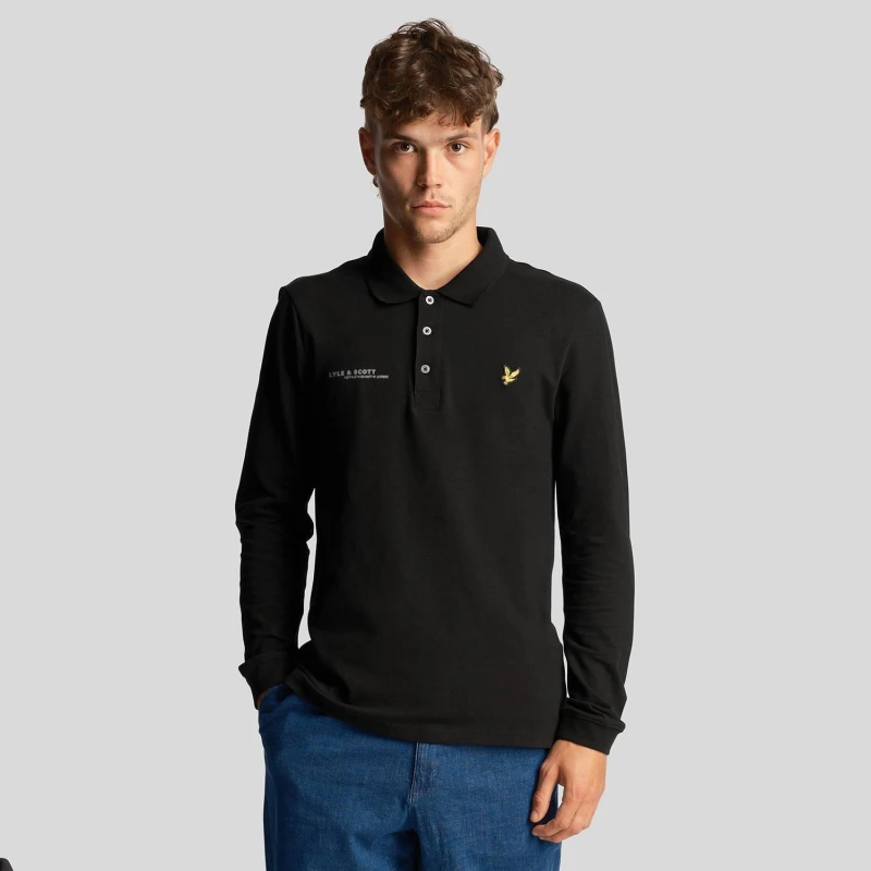 Image of Lyle and Scott Co-Ordinate Print Long Sleeve Polo Shirt Black male XS