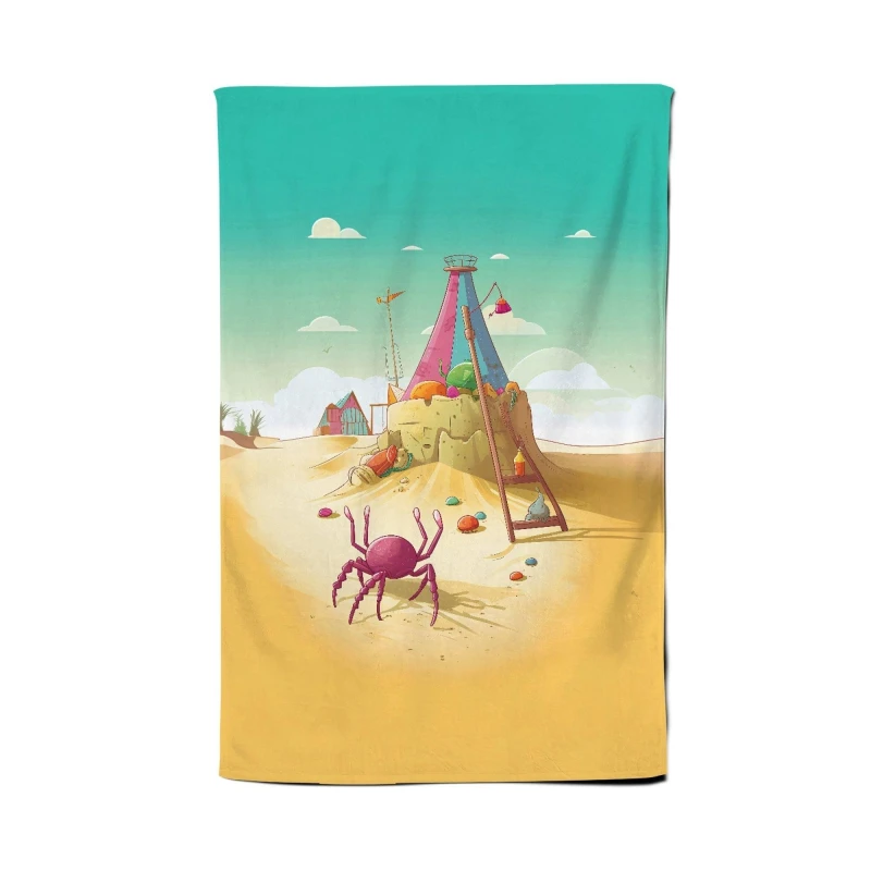 Image of Warren Reed - Designer Crab On A Beach Holiday Tea Towel in Yellow Yellow Unisex