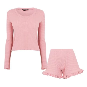 Image of Miso Waffle Frilly Shorts and Top PJ Set Co-Ord - Washed Pink