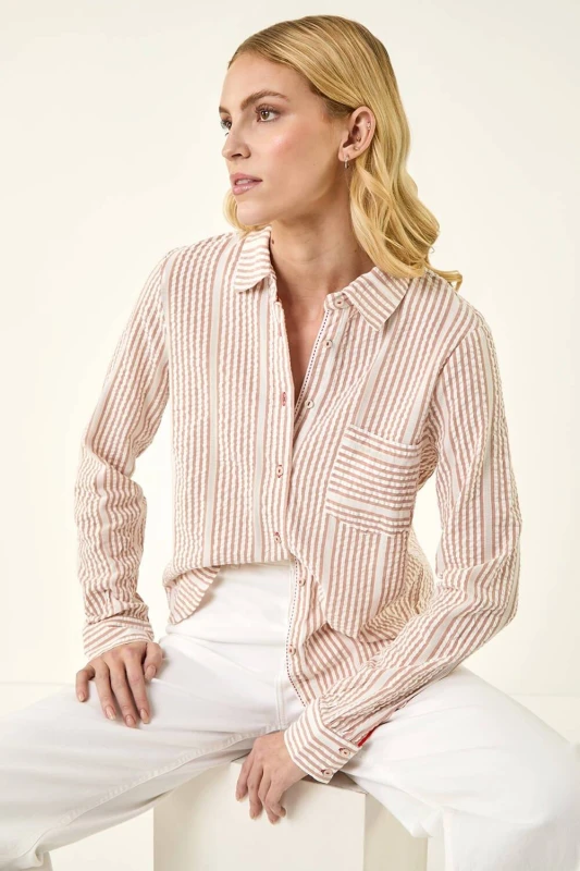 Image of Roman Womens Textured Stripe Collared Shirt in Camel Size: 12 Camel Female 12