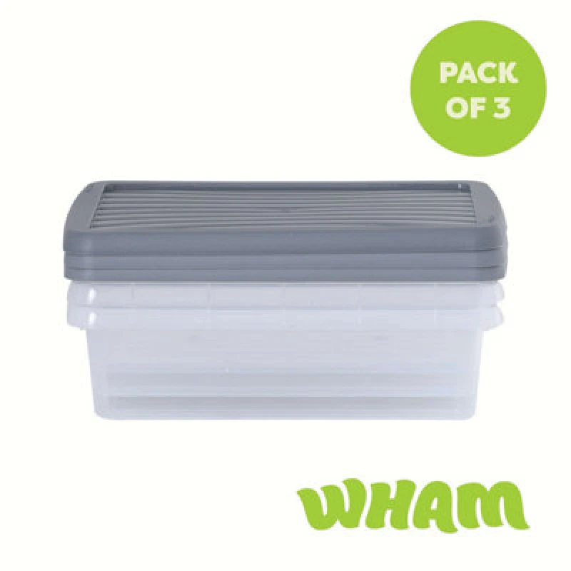 Image of 3 X Wham Box 8L Stackable Plastic Storage Box & Lid Clear/steel