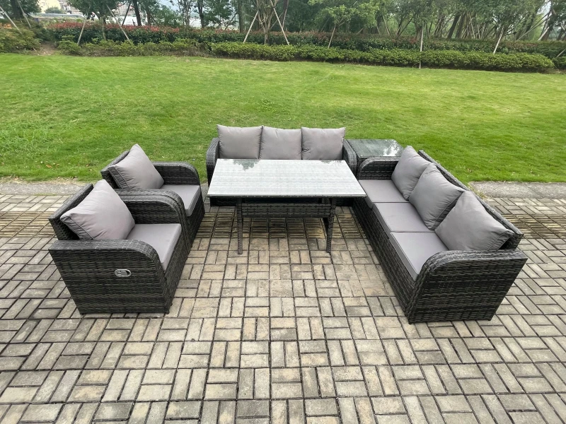 Image of Fimous 6 Piece Rattan Garden Furniture Set with Patio Sofa Rectangular Dining Tablel Side Table Indoor Conservatory Patio Set in Dark Grey Dark Grey U