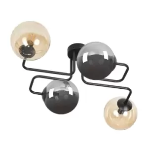 Image of Brendi Black Globe Multi Arm Semi Flush Ceiling light with Graphite, Amber Glass Shades, 4x E14