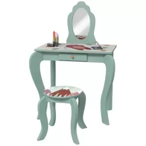 Image of ZONEKIZ Kids Dressing Table with Mirror and Stool, Girls Vanity Table Makeup Desk with Drawer, Cute Animal Design, for 3-6 Years - Green