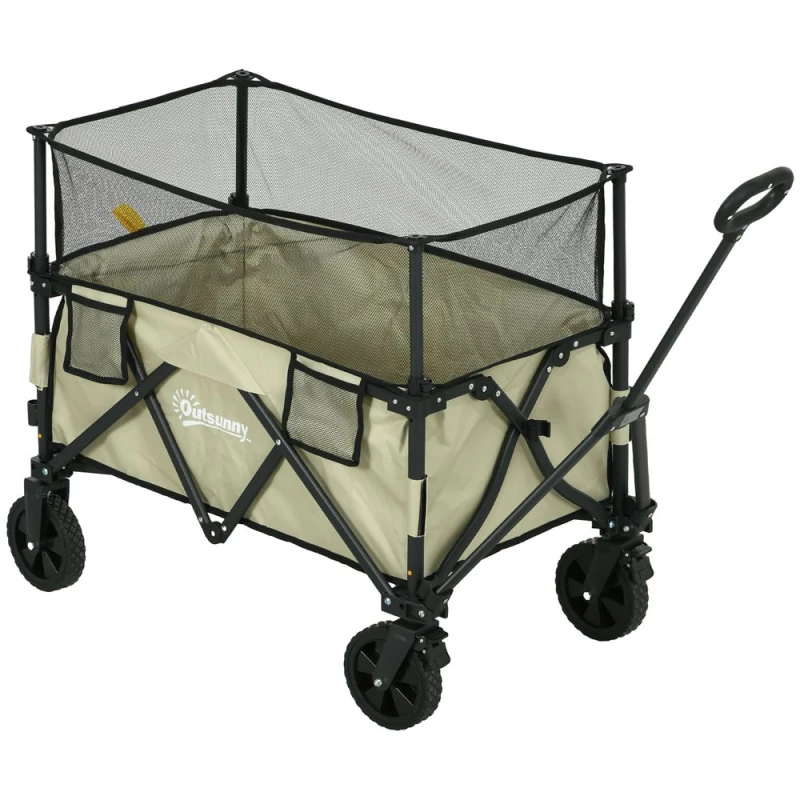 Image of Outsunny 180L Folding Garden Trolley Wagon Cart w/ Extendable Side Walls Khaki - Outsunny 5056725505974