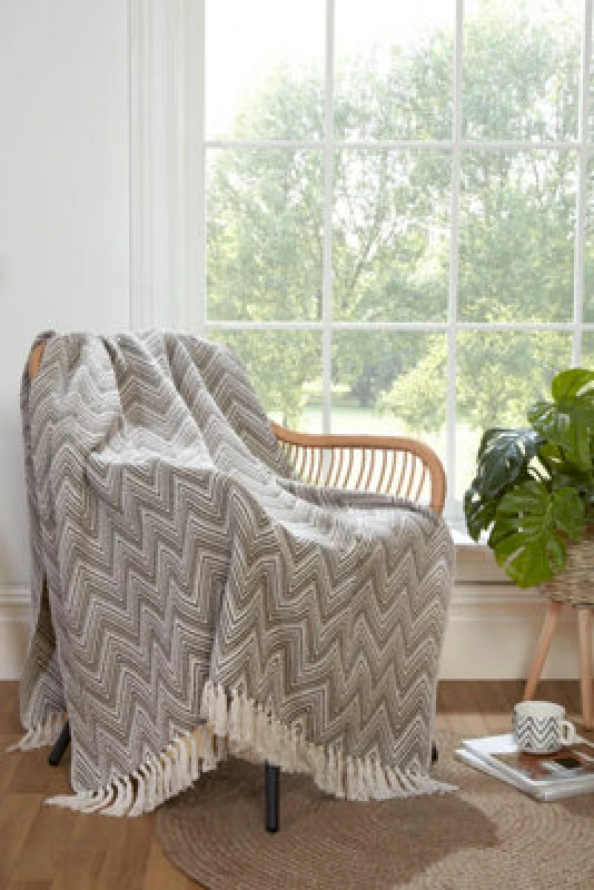 Image of Portfolio Home Chester Zig Zag Geometric Natural Throw Over Blanket With Tassels Soft Cosy Sofa Chair Bed 180 X 250 Cm