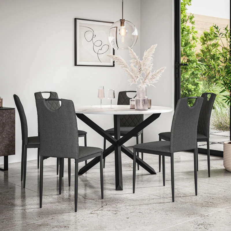 Image of More4Homes Malvern Round Dining Table & Chairs - Marble Table Top w Solid Oak Black Legs + Monza Fabric Dining Chair Set Of 6 in Charcoal Charcoal Uni