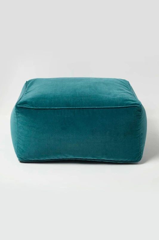 Image of Homescapes Velvet Pouffe Bean Cube in Teal Teal Unisex