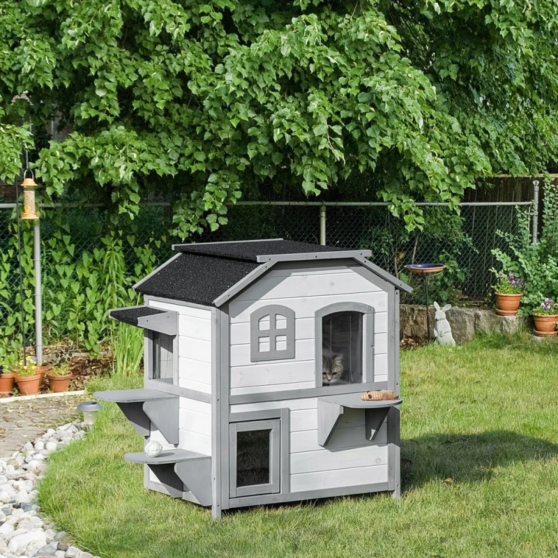Image of PawHut Pawhut - Wooden Cat House Condos Cat Cave Pet Shelter 2 Floor Villa Outdoor White 5056725514808