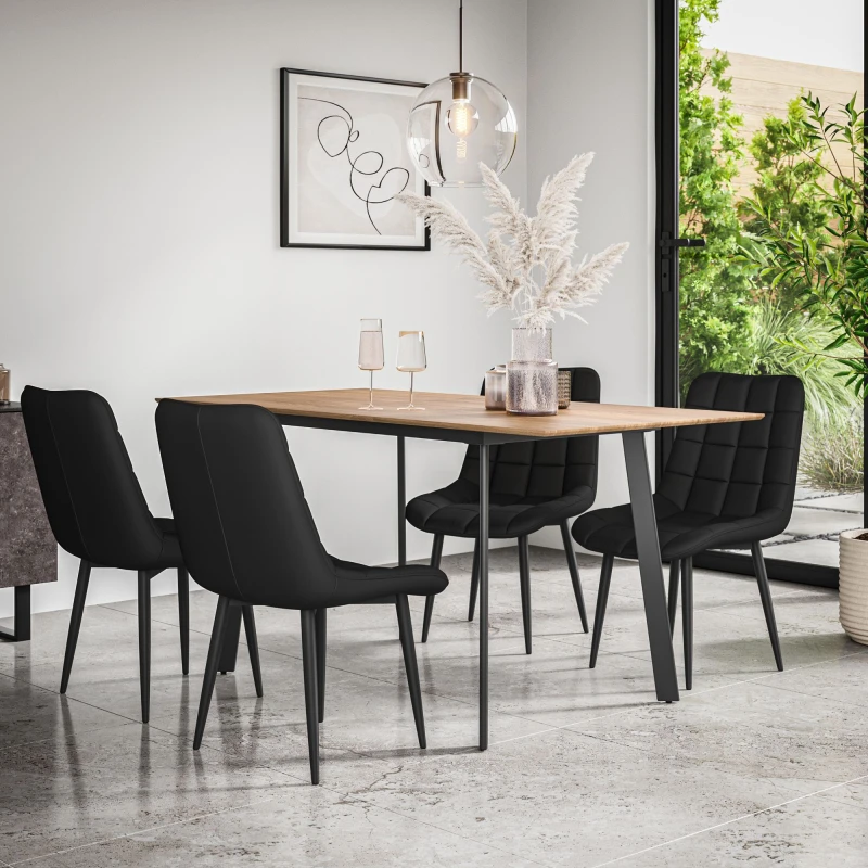 Image of More4Homes Haydon Extending Dining Table + Chairs- Oak Effect Table Top W Black Legs + Nova Faux Leather Dining Chair Set Of 6 (Black)
