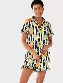 Image of CHELSEA PEERS Organic Cotton Frill Hem Button Up Short Set, Navy, Size 10, Women