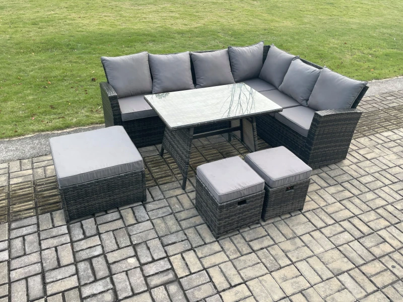 Image of Fimous Outdoor Furniture Garden Dining Set Rattan Corner Sofa Set Rectangular Dining Table with Temper Glass 3 Footstools in Dark Grey Dark Grey Unise