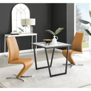 Image of Furniturebox Carson White Marble Effect Square Dining Table & 2 Mustard Willow Faux Leather Chairs