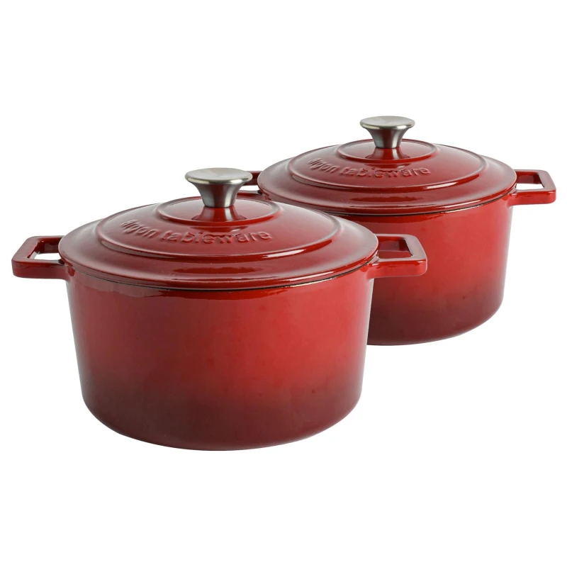 Image of Argon Tableware 2x Round Cast Iron Casserole Dishes with Self-Basting Lid 4.5L in Red Red Unisex