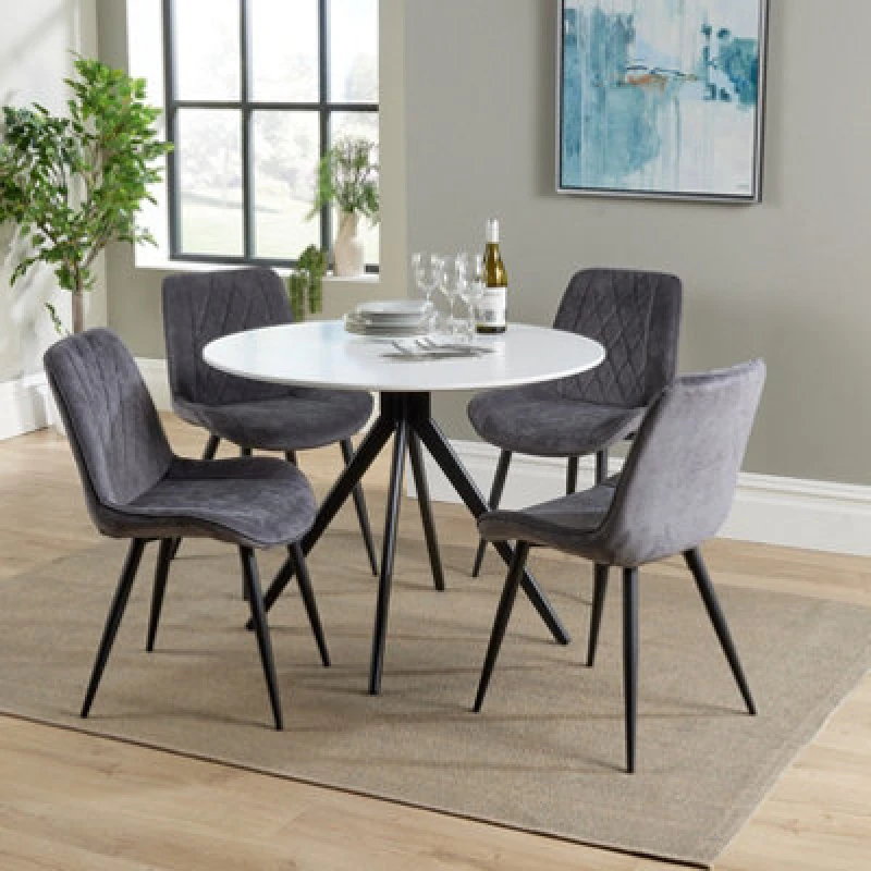 Image of Core Products Aspen White 100Cm Round Dining Table With 4 Grey Fabric Diamond Stitch Design Chairs