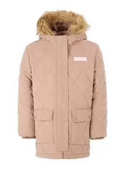 Image of Jack Wills Girls Faux Fur Collared Diamond Quilted Coat - Beige, Beige, Size 7-8 Years, Women