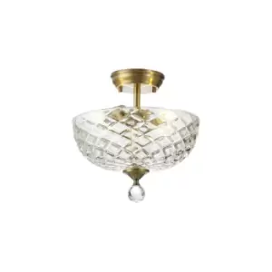 Image of Dresden 2 Light Semi Flush Ceiling Lamp E27 With Flat Round 30cm Patterned Glass Shade Antique Brass, Clear