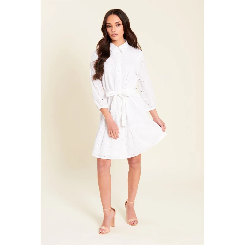 Image of Be You Broderie Tie Waist Shirtdress - White White 8