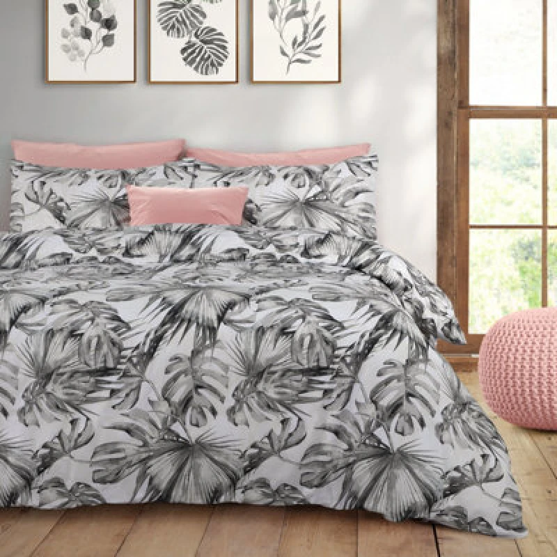 Image of Velosso Tropical Leaf Cotton Rich Printed Duvet Cover & Pillowcase Set in Grey Size: Double Grey Unisex Double