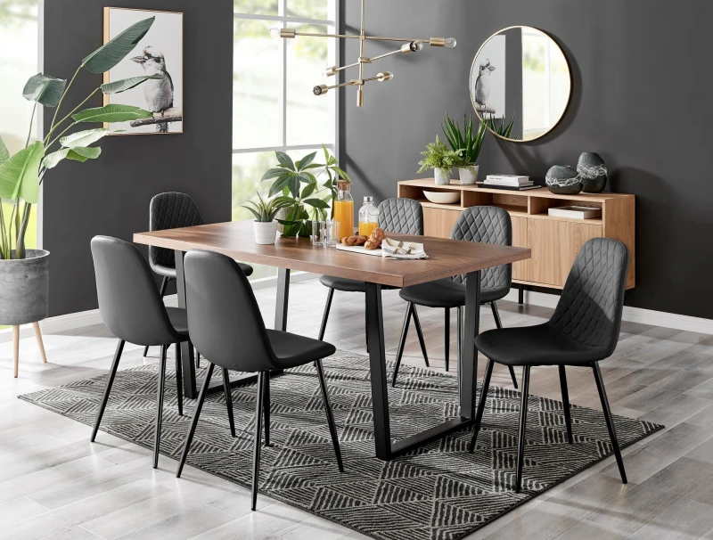 Image of FurnitureboxUK FurnitureboxUK Kylo Large Brown Wood Effect Dining Table & 6 Corona Black Leg Feax Leather Chairs Black One Size Unisex 5056657119683