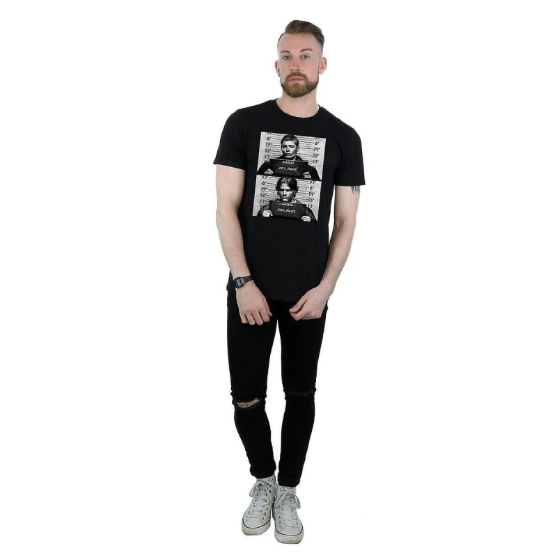 Image of Supernatural Supernatural Men Winchester Mugshot Cotton T-Shirt in Black Size: Small Black S Male 5063377457070