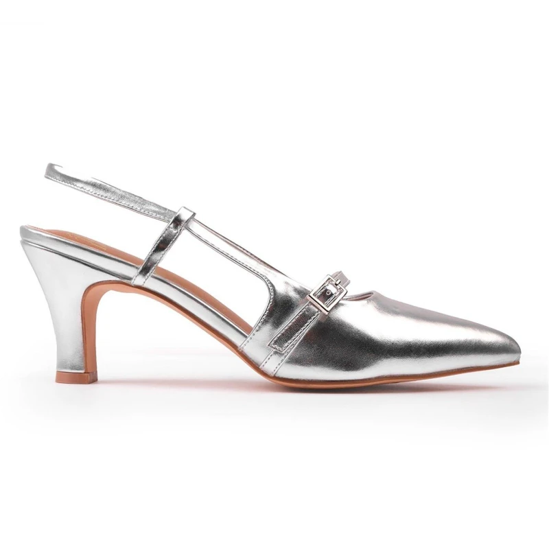 Image of Where's That From 'On Point' Mid Heel Slingback Sandals With Strap And Buckle Detail Silver