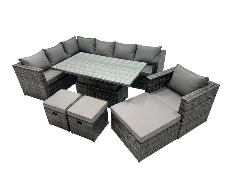 Image of Fimous 10-seater Corner Sofa Set Rattan Garden Furniture Set with 3 Stool in Dark Grey Dark Grey Unisex