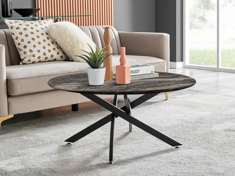 Image of FurnitureboxUK FurnitureboxUK Novara Round Marble Effect Glass Top Coffee Table With Black Metal Starburst Legs in Grey Grey One Size Unisex 505654269