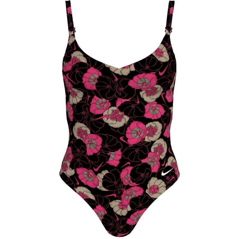 Image of Nike Poppy Floral Womens V-Neck One Piece Black female 16 (XL)