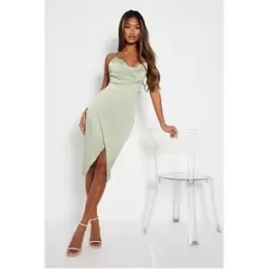 Image of I Saw It First Petite Asymmetric Cowl Neck Satin Midi Dress - Green