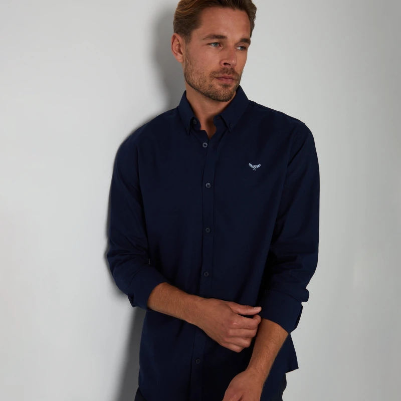 Image of Threadbare Oxford Cotton 'Beacon' Long Sleeve Shirt Navy