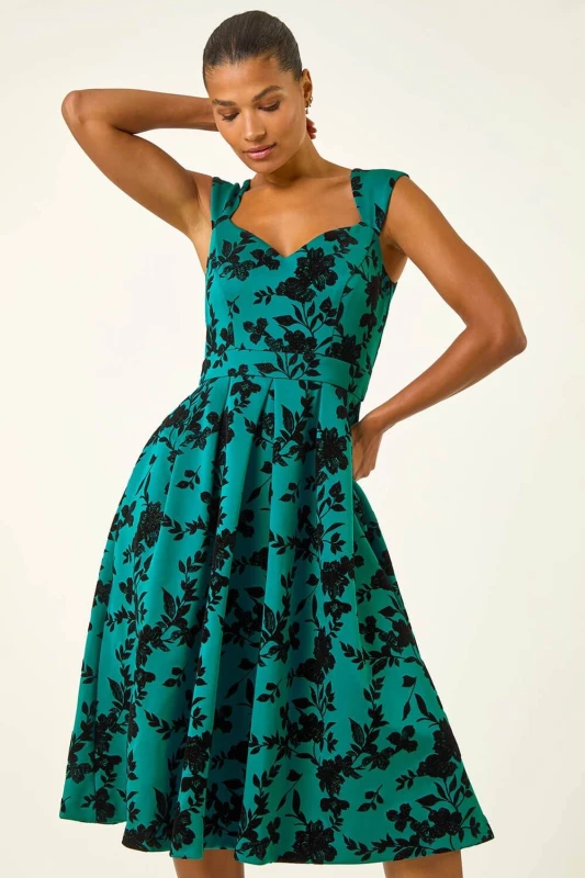 Image of Roman Womens Glitter Floral Flocked Premium Stretch Dress in Teal Size: 20 Teal Female 20