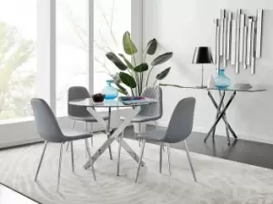 Image of Novara Clear Tempered Glass 100cm Round Dining Table with Chrome Starburst Legs & 4 Corona Faux Leather Silver Leg Chairs