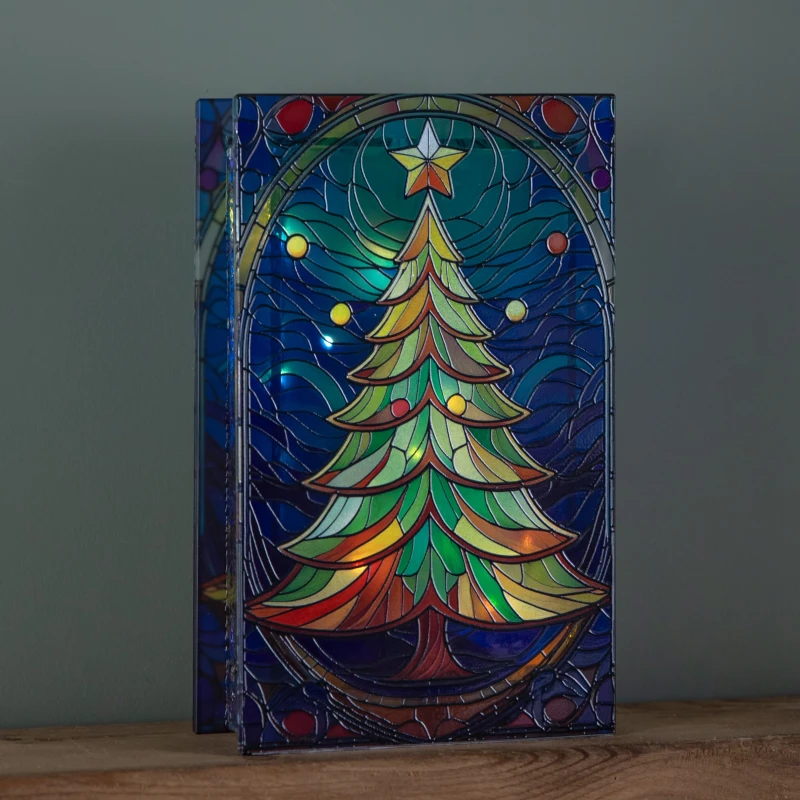 Image of 21cm Battery Operated Double Sided Stained Glass Christmas Tree Decoration with LEDs