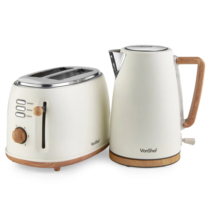 Image of VonShef Scandi 1.7L Rapid Boil 3000W Kettle and 2 Slice Wide Slot 850W Toaster Set Beige