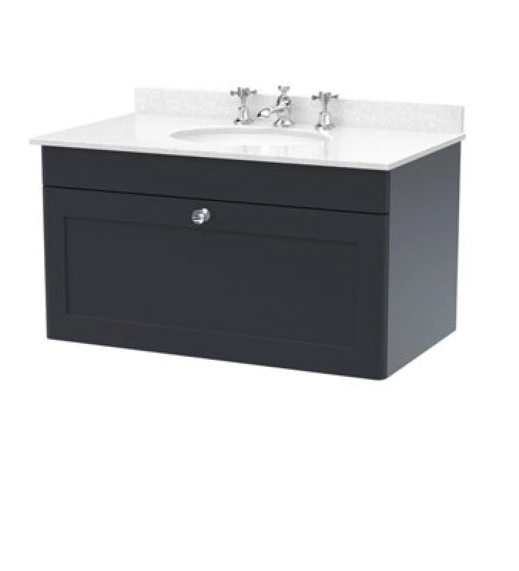 Image of nuie 800mm Wall Hung 1 Drawer Vanity & Marble Top 3TH - Soft Black CLC1496WR3
