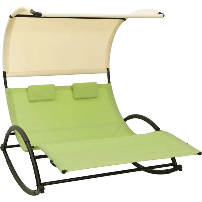 Image of VIDAXL Double Sun Lounger with Canopy Textilene Green and Cream Vidaxl 8720286087039