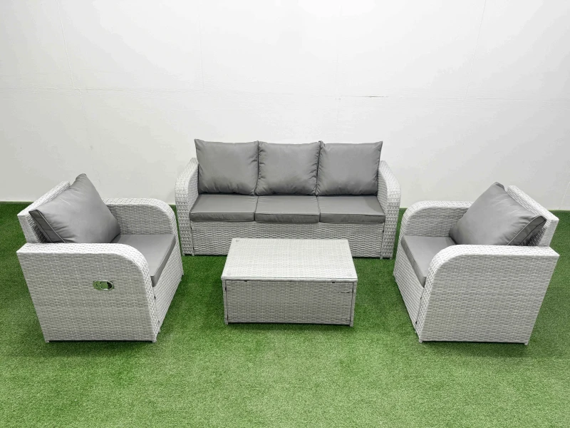 Image of Fimous PE Rattan Garden Furniture Set Reclining Chair Sofa Lounge Sofa Set Oblong Coffee Table Light Grey Light Grey