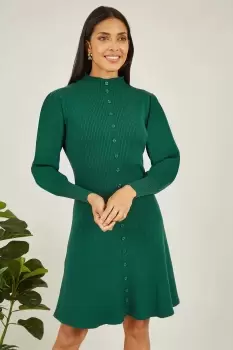 Image of Green Knitted Button Up Midi Dress With Balloon Sleeves