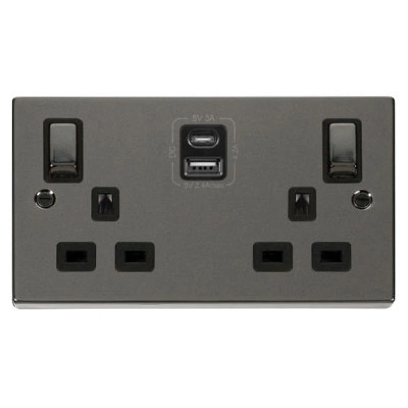 Image of SE Home Black Nickel 2 Gang 13A DP Ingot Type A & C USB Twin Double Switched Plug Socket Black