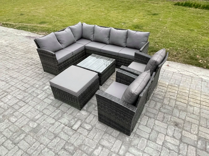 Image of Fimous Rattan Garden Furniture Sets High Back Corner Sofa Square Coffee Table Set with Big Footstool 2 Armchairs Dark Grey Mixed Dark Grey Unisex