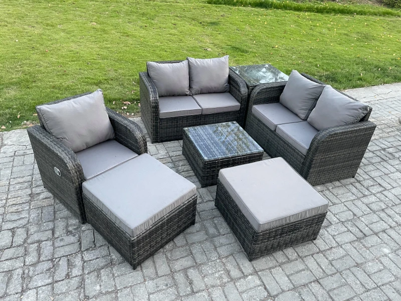 Image of Fimous PE Rattan Garden Furniture Sets Outdoor Love Sofa Chair Set Square Coffee Table Side Table 2 Big Footstool Dark Grey