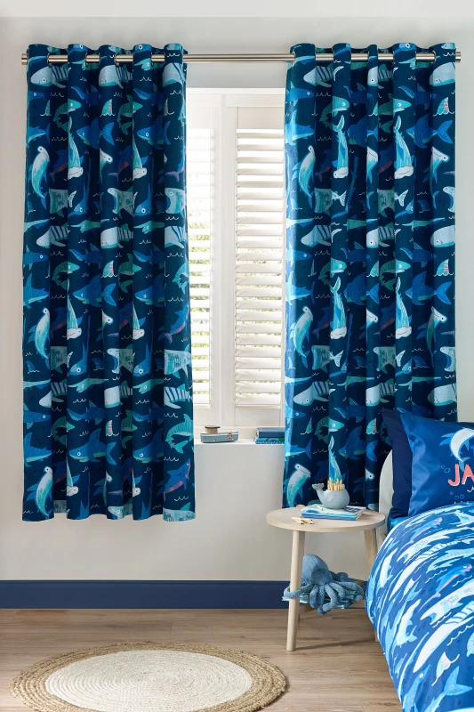Image of Catherine Lansfield 'Jawsome Shark' Fully Reversible Eyelet Curtains in Navy Size: 168cm width x 183cm drop Navy Unisex 168cm width x 183cm drop