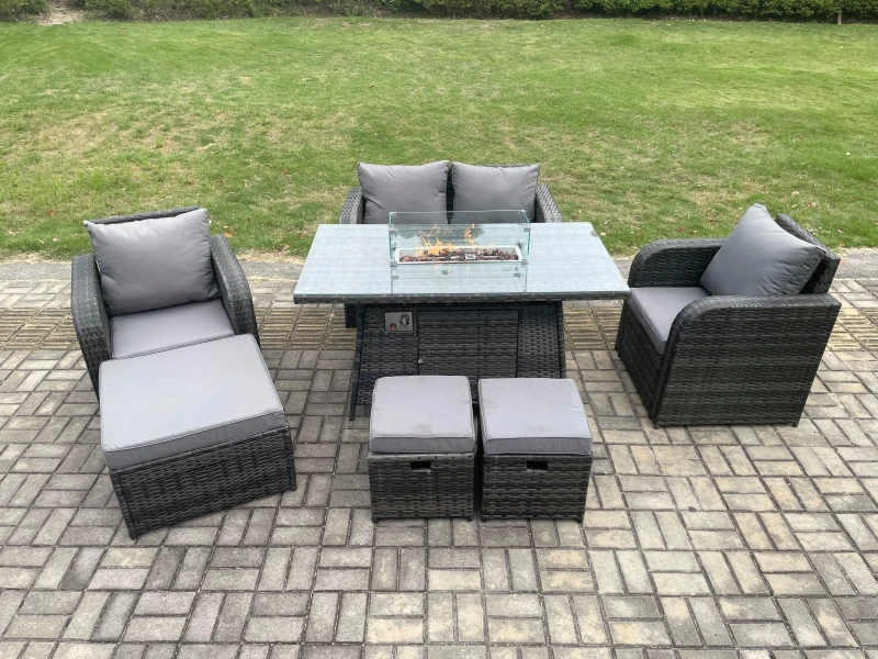 Image of Fimous Rattan Garden Furniture Set Outdoor Patio Gas Fire Pit Dining Table and Chairs with Loveseat Sofa Dark Grey