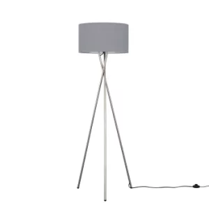Image of Camden Brushed Chrome Tripod Floor Lamp with XL Dark Grey Reni Shade